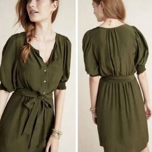Anthropologie Nicole Puff Sleeve Shirtdress XS Olive Green Knee Length